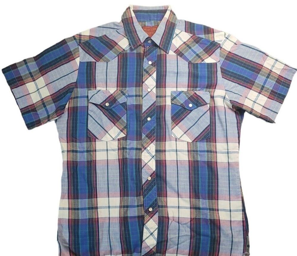 VTG Rustler Pearl Snap Western Shirt Blue Plaid M Cowboy Rodeo Workwear